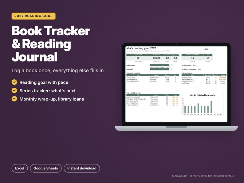 May include: A digital book tracker and reading journal template displayed on a laptop screen. The interface features reading goals, series trackers, library loans, and monthly wrap-up charts. Text includes 2027 READING GOAL, Book Tracker & Reading Journal, and Mia's reading year 2026.