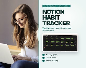 Plantilla de Notion para el seguimiento de hábitos, objetivos semanales y calendario mensual (descarga digital).