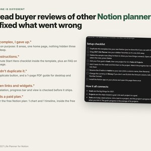 May include: A digital Notion planner advertisement featuring the text Why this one is different and We read buyer reviews of other Notion planners and fixed what went wrong. A black setup checklist box displays instructions for a 2027 life planner.