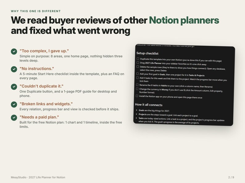 May include: A digital Notion planner advertisement featuring the text Why this one is different and We read buyer reviews of other Notion planners and fixed what went wrong. A black setup checklist box displays instructions for a 2027 life planner.
