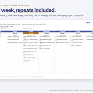 May include: A digital weekly task tracker spreadsheet template for Excel and Google Sheets. The interface features a grid layout organized by days of the week from Sunday to Saturday, with columns for specific tasks, checkboxes, and time slots.