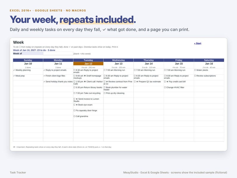 May include: A digital weekly task tracker spreadsheet template for Excel and Google Sheets. The interface features a grid layout organized by days of the week from Sunday to Saturday, with columns for specific tasks, checkboxes, and time slots.