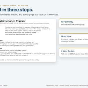 May include: A digital home maintenance tracker template for Excel and Google Sheets. The interface displays a dashboard, task list, log, and appliance tracker. Text includes 'Start in three steps', 'Home Maintenance Tracker', and '4 color themes'.