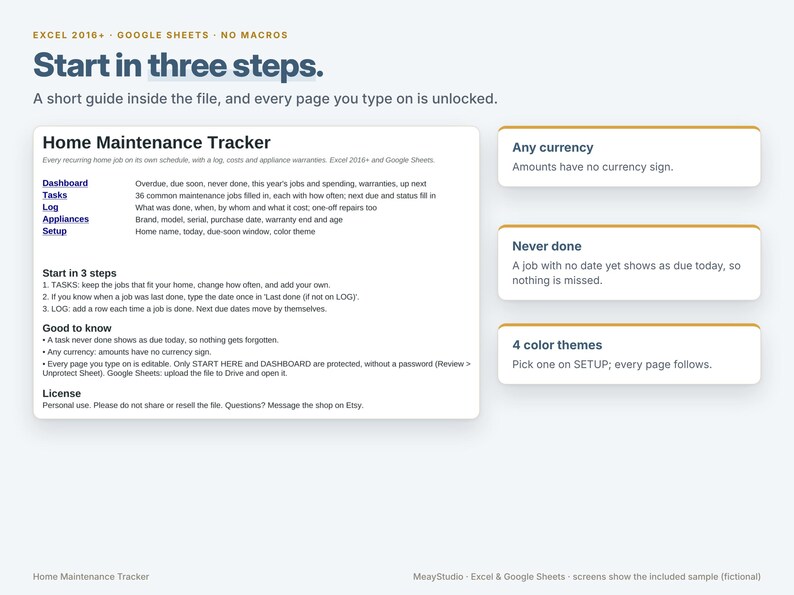 May include: A digital home maintenance tracker template for Excel and Google Sheets. The interface displays a dashboard, task list, log, and appliance tracker. Text includes 'Start in three steps', 'Home Maintenance Tracker', and '4 color themes'.