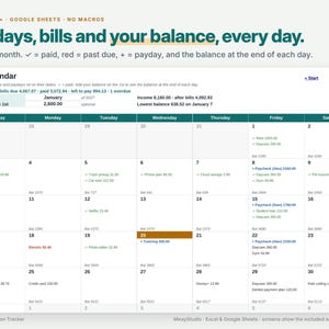May include: A digital bill calendar spreadsheet for Excel and Google Sheets titled Paydays, bills and your balance, every day. The interface displays a monthly grid with daily entries for income, expenses, and running balances for January 2027.