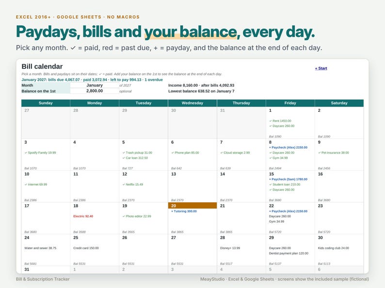 May include: A digital bill calendar spreadsheet for Excel and Google Sheets titled Paydays, bills and your balance, every day. The interface displays a monthly grid with daily entries for income, expenses, and running balances for January 2027.