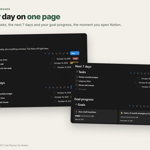 May include: A digital dashboard interface titled Home Dashboard Your day on one page. It displays task lists for Today and Next 7 days, plus a Goal progress section with progress bars for running a half marathon and saving an emergency fund.