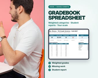 Weighted Gradebook Spreadsheet for Teachers, Excel & Google Sheets (Digital Download)