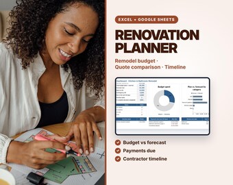 May include: A digital renovation planner for Excel and Google Sheets featuring a dashboard with a budget spent donut chart, a plan versus forecast bar graph, and a table for payments due and contractor timelines, with text labels.