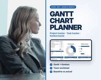 May include: A digital Gantt Chart Planner for Excel 365 and Google Sheets. The interface displays a project dashboard with a donut chart, bar graphs, and task lists. Text includes Gantt Chart Planner, Project tracker, Task tracker, Kanban board, Gantt + Kanban, Team workload, and Baseline vs actual.