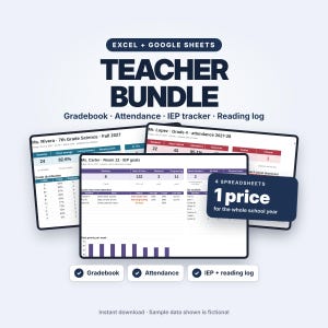 May include: A digital teacher bundle for Excel and Google Sheets featuring a gradebook, attendance tracker, IEP tracker, and reading log. The display shows sample data tables, charts, and a badge stating 4 spreadsheets 1 price.