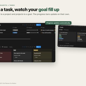 May include: A digital productivity dashboard for Notion titled Goals, Projects, Tasks. It features dark-themed tables and boards displaying progress bars, status tags, and task lists with text including Tick a task, watch your goal fill up.