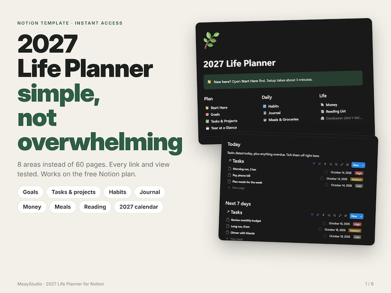 May include: A digital Notion template titled 2027 Life Planner featuring a dark interface with sections for goals, tasks, habits, journal, money, meals, and reading. The layout includes a daily task list and a 7-day view with checkboxes.