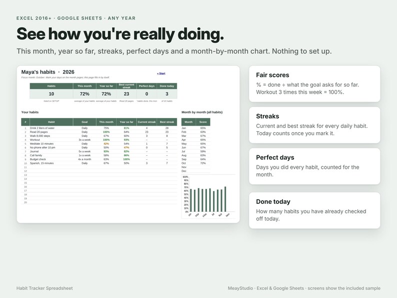 May include: A digital habit tracker spreadsheet for Excel and Google Sheets titled See how you're really doing. It displays Maya's habits for 2026, including metrics for streaks, perfect days, and a month-by-month chart with green and white data tables.