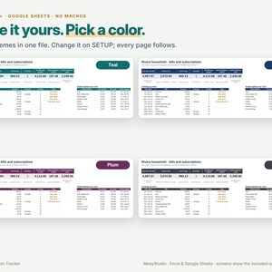 May include: A digital bill and subscription tracker template for Excel and Google Sheets featuring four color themes: teal, navy, plum, and graphite. The interface displays household financial data, including due dates, amounts, and subscription costs with the text: EXCEL 2016+ GOOGLE SHEETS NO MACROS Make it yours. Pick a color.