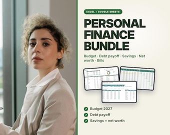 Paquete de finanzas personales: Presupuesto, deudas, ahorros, patrimonio neto, facturas (Excel y Google Sheets)