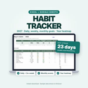 May include: A digital habit tracker for Excel and Google Sheets displayed on a laptop screen. The interface shows 2026 habit data, including daily, weekly, and monthly goals, a year heatmap, and a best streak of 23 days. The design uses dark green accents.