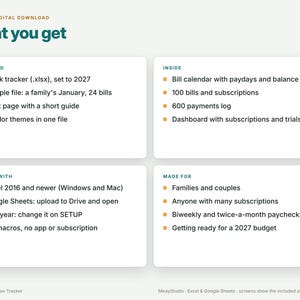 May include: A digital download information graphic titled What you get. It lists features for a bill and subscription tracker including a 2027 blank tracker, bill calendar, 600 payments log, and compatibility with Excel and Google Sheets.