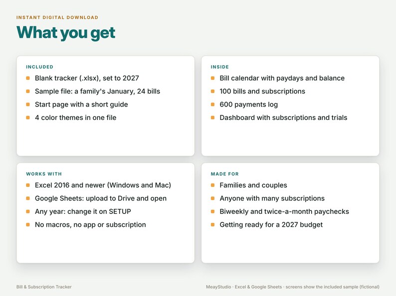 May include: A digital download information graphic titled What you get. It lists features for a bill and subscription tracker including a 2027 blank tracker, bill calendar, 600 payments log, and compatibility with Excel and Google Sheets.