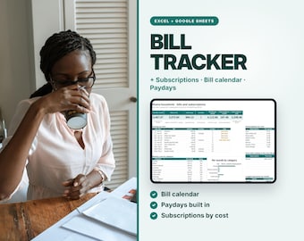 Bill and Subscription Tracker Spreadsheet, Monthly Bill Calendar with Paydays, Excel & Google Sheets