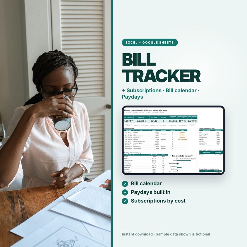 May include: A digital bill tracker template for Excel and Google Sheets featuring a dark green and white interface. The display shows a dashboard with sections for bills, subscriptions, a calendar, and paydays with sample financial data.