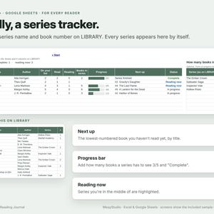 May include: A digital series tracker template for Excel and Google Sheets. The interface displays a library table with columns for series, author, reading progress, and status, alongside sections for next up, progress bars, and reading now.