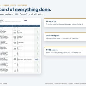 May include: A digital home maintenance tracker spreadsheet for Excel and Google Sheets. The interface displays a maintenance log with columns for date, job, cost, and provider. Text includes 'A record of everything done' and 'Pick the job'.