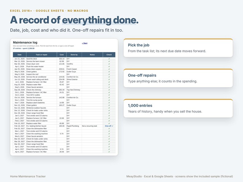 May include: A digital home maintenance tracker spreadsheet for Excel and Google Sheets. The interface displays a maintenance log with columns for date, job, cost, and provider. Text includes 'A record of everything done' and 'Pick the job'.
