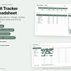 May include: A digital habit tracker spreadsheet for Excel 2016 and Google Sheets. The interface displays a dashboard titled Maya's habits 2026 with progress metrics, a list of habits, and a monthly calendar view for October 2026 with green checkmarks.