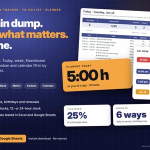 May include: A digital task tracker, to-do list, and planner template for Excel and Google Sheets. The interface features a dark blue grid background with white text, including headers like Brain dump, Do what matters, and Done, alongside data tables, progress percentages, and task scheduling modules.