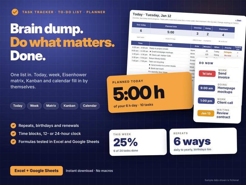 May include: A digital task tracker, to-do list, and planner template for Excel and Google Sheets. The interface features a dark blue grid background with white text, including headers like Brain dump, Do what matters, and Done, alongside data tables, progress percentages, and task scheduling modules.