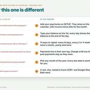 May include: A comparison chart titled Why this one is different, contrasting common bill tracker problems with features of this specific tracker. It lists six issues with corresponding solutions, each marked with an orange checkmark icon.