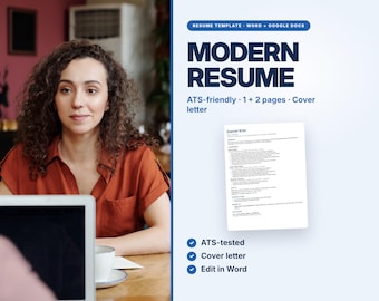 Plantilla de currículum moderna compatible con sistemas ATS, documentos de Word editables, carta de presentación (descarga digital)
