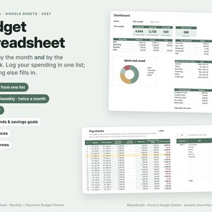 K&ouml;nnte beinhalten: Eine digitale Budget-Tabelle f&uuml;r Excel und Google Sheets mit einem Dashboard f&uuml;r Finanz&uuml;bersichten, einem Tortendiagramm und einem Reiter f&uuml;r Gehaltsabrechnungen. Text enth&auml;lt Budget Spreadsheet und bill tracker.