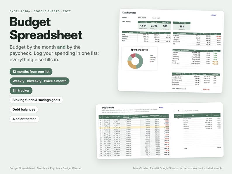 K&ouml;nnte beinhalten: Eine digitale Budget-Tabelle f&uuml;r Excel und Google Sheets mit einem Dashboard f&uuml;r Finanz&uuml;bersichten, einem Tortendiagramm und einem Reiter f&uuml;r Gehaltsabrechnungen. Text enth&auml;lt Budget Spreadsheet und bill tracker.