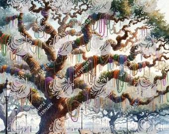 May include: A watercolor painting of a large oak tree covered in colorful Mardi Gras beads. The tree is in a park setting with a bench and streetlights. The scene is reminiscent of New Orleans.