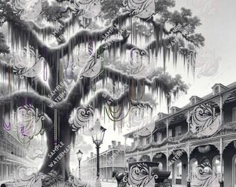 New Orleans Oak Tree Art – Mardi Gras Beads, French Quarter (Digital Download)
