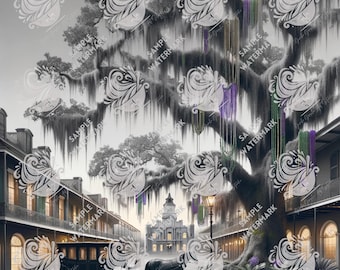 New Orleans Oak Tree Art – Mardi Gras Beads, French Quarter (Digital Download)
