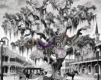 New Orleans Oak Tree Art – Mardi Gras Beads, French Quarter Print (Digital Download)