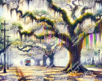 New Orleans Uptown Tracks Print – Oak Trees, Mardi Gras Beads (Digital Download)