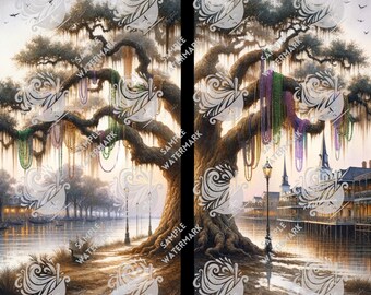 New Orleans Oak Tree Art – Mardi Gras Beads, Bayou Reflections (Digital PNG)
