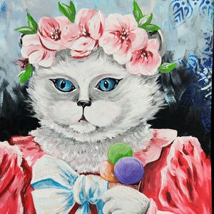 Retrato de gato pintado a mano con corona de flores 30/40 cm, pintura acrílica con marco, cuadro romántico de animales, arte de pared para amantes de los gatos