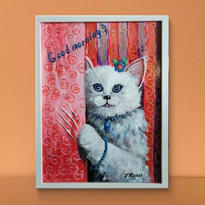 Cuadro de gato pintado a mano "Buenos días", retrato de animal feliz, decoración decorativa de pared, acrílico sobre lienzo, 30x40cm, regalo único