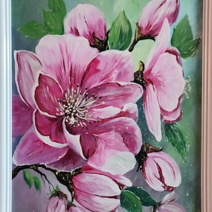 Pintura de flor de magnólia pintada à mão 40/50 cm sobre tela, arte de parede de flor rosa com moldura, pintura acrílica exclusiva para sala de estar ou escritório