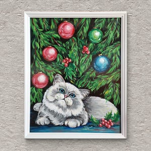 Cuadro navideño pintado a mano con gato 40/50 cm, bola navideña con ramas de abeto, pintura acrílica con marco, decoración festiva de la pared