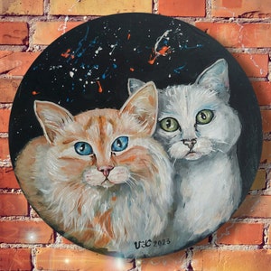 Image de chat ronde peinte à la main, art animalier vif sur bois, décoration murale moderne, art de chat unique, cadeau parfait.