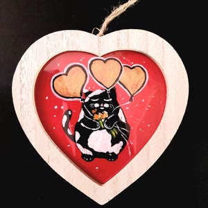 Decoração de parede de coração pintado à mão 14 cm com gato e balões, decoração romântica, arte acrílica, presente para amantes de gatos, dia das mães