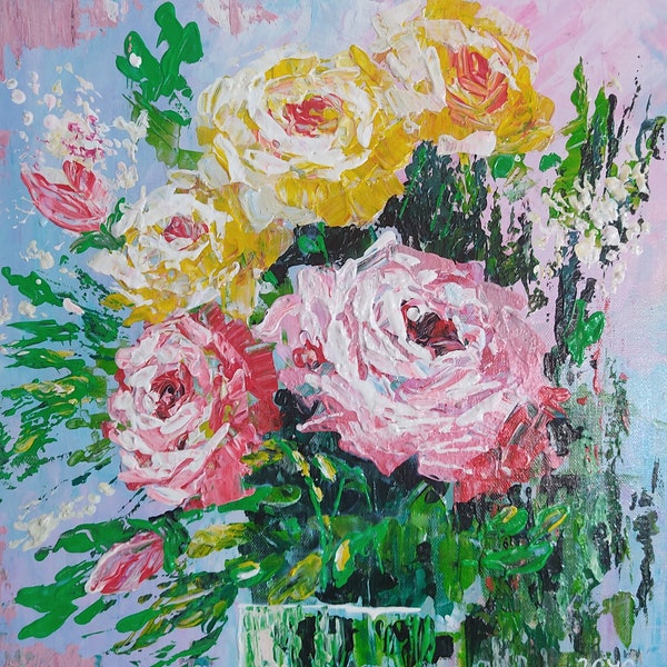 Original Rose Gemälde,  Wohndeko Blume Bild, Impasto Blume Malerei, Blumenstrauß  auf Leinwand, Rosa Blume Gemälde,Blume auf Leinwand.