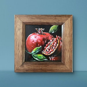 Pintura original de granada, 13,7×13,7 cm, Decoración de pared de bodegones de frutas pintada a mano, Regalo único para los amantes del arte, Mural de cocina