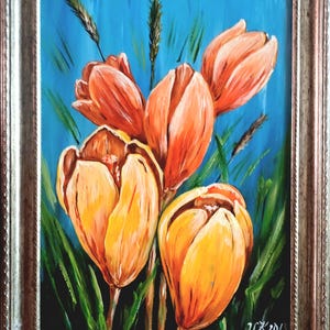 Pintura de flores pintada à mão 24/36 cm – Arte de tulipa com moldura vintage – Pintura acrílica com flores amarelo-alaranjadas – Arte de parede para sala de estar